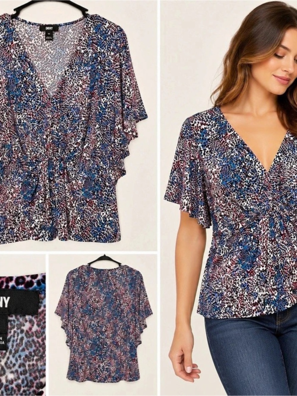 DKNY Animal Print Blouse in Blue & Pink Size Medium Like New